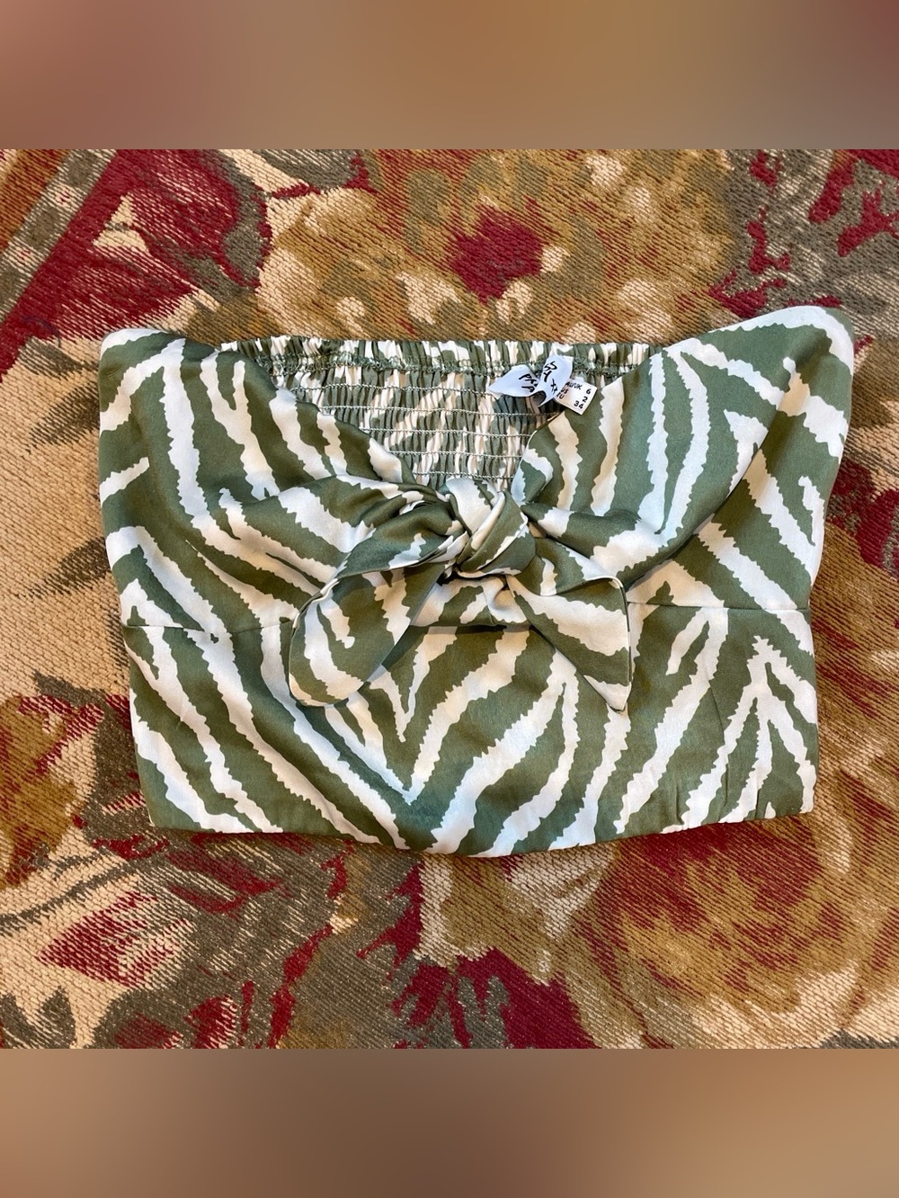 Princess Polly I Wonder Strapless Olive Green Tiger Stripe Smocked Bandeau Top